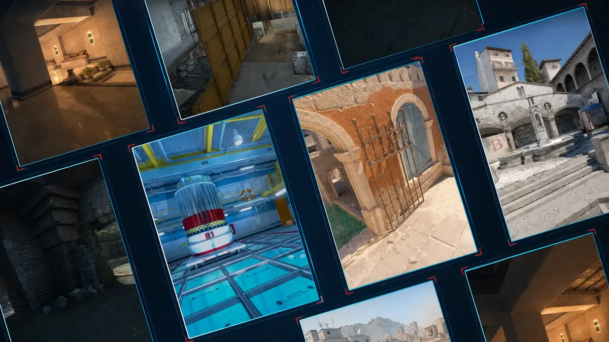 Collage of recognizable Counter-Strike 2 maps framed as choices in a seven-map veto pool