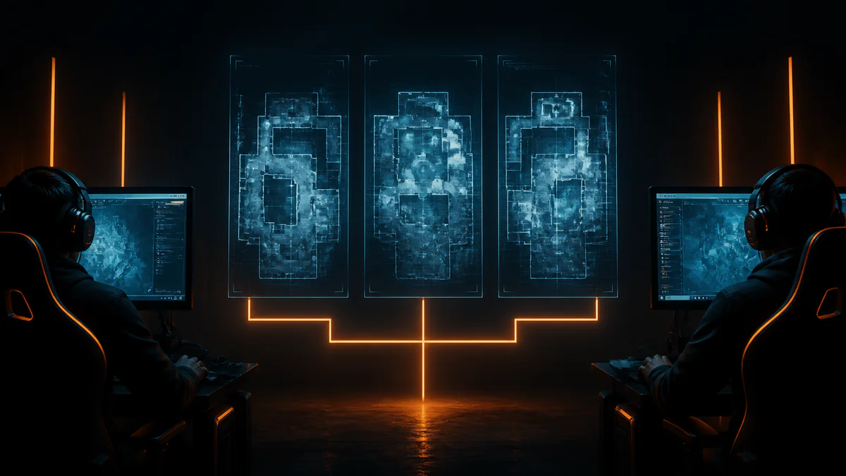 Two anonymous esports competitors reviewing three abstract tactical map panels