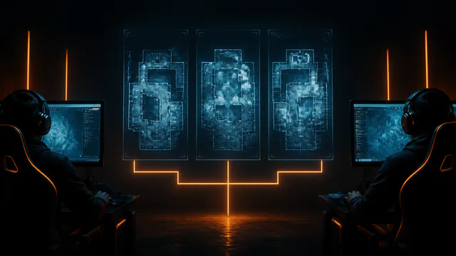 Two anonymous esports competitors reviewing three abstract tactical map panels
