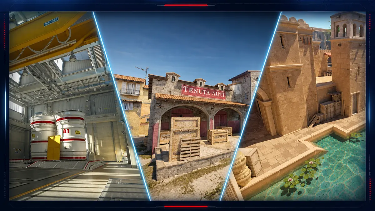 Nuke, Inferno and Ancient displayed as three possible selections in a Counter-Strike 2 map veto