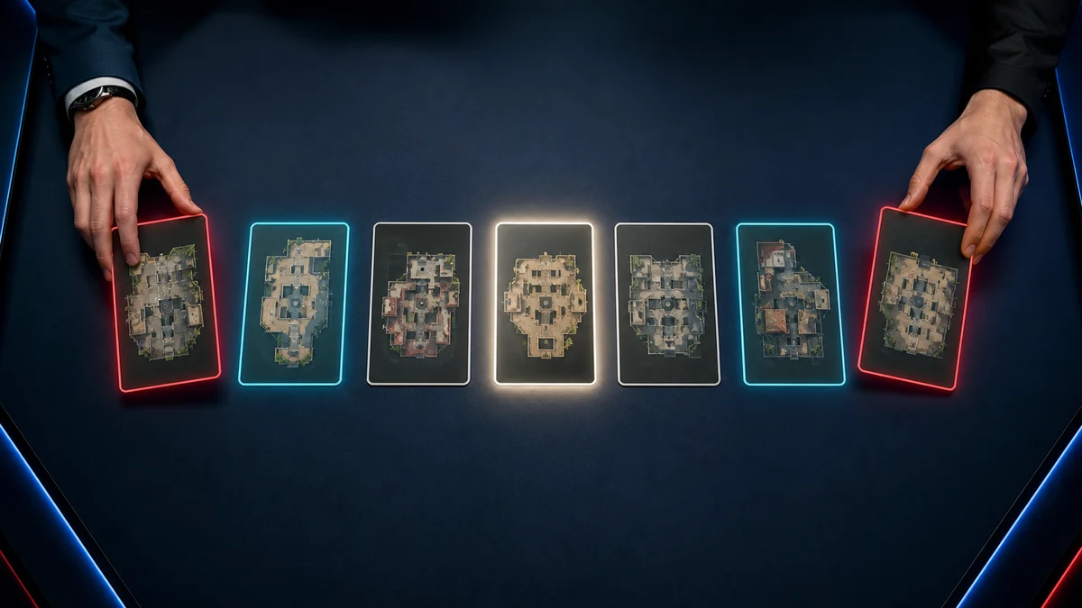 Seven tactical map cards show two bans, two picks and one illuminated decider during a CS2 best-of-three veto