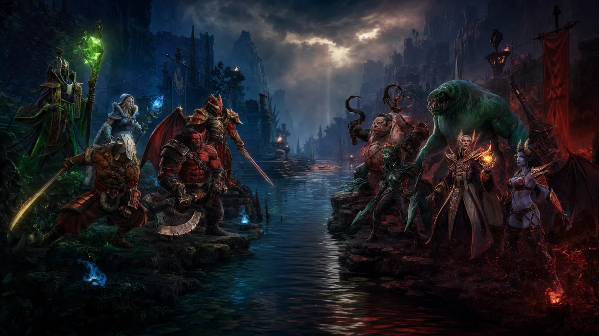 Two complete Dota 2 hero lineups face each other across the river before battle
