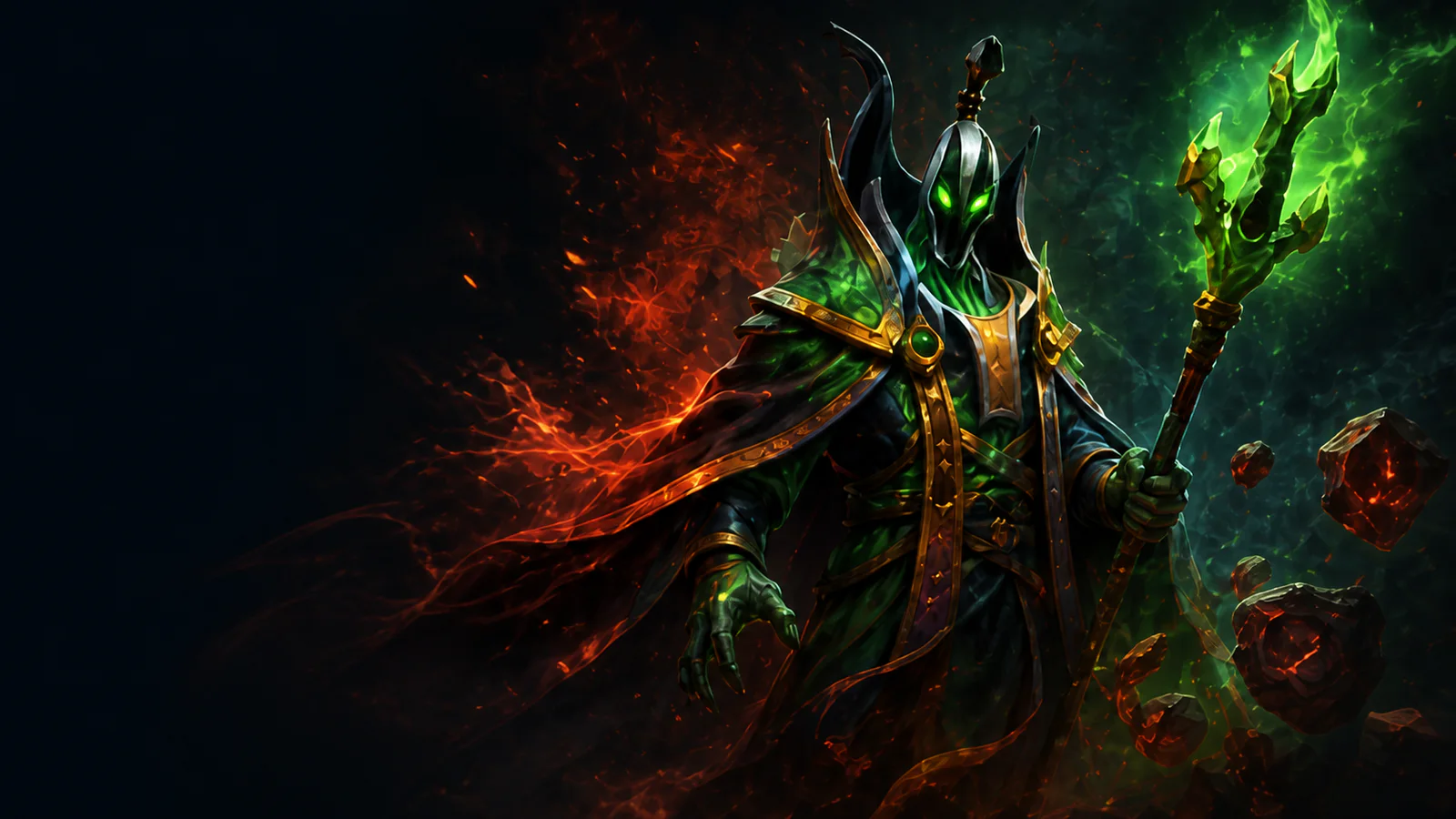 Original generated Rubick-inspired fantasy mage artwork with green magic and red-orange energy