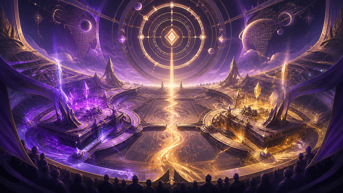 Original violet and gold fantasy esports arena beneath a celestial time ring