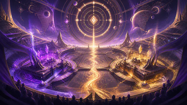Original violet and gold fantasy esports arena beneath a celestial time ring