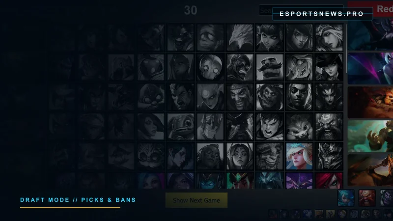 League of Legends professional champion select with authentic champion portraits and pick-and-ban columns