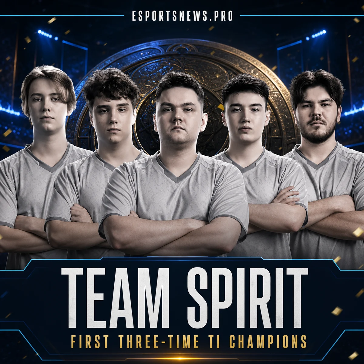 EsportsNews.pro editorial lineup graphic recognizing Team Spirit as the first three-time champions of The International
