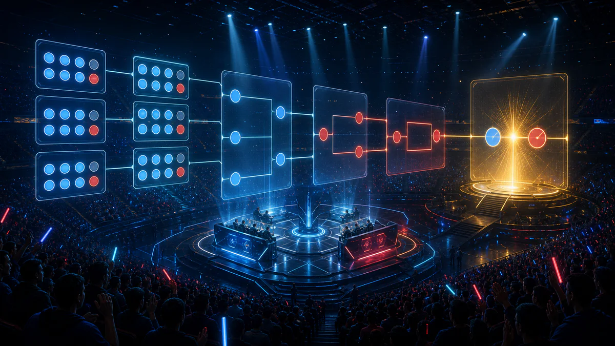 Original esports arena illustration showing abstract group and playoff progression