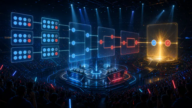 Original esports arena illustration showing abstract group and playoff progression